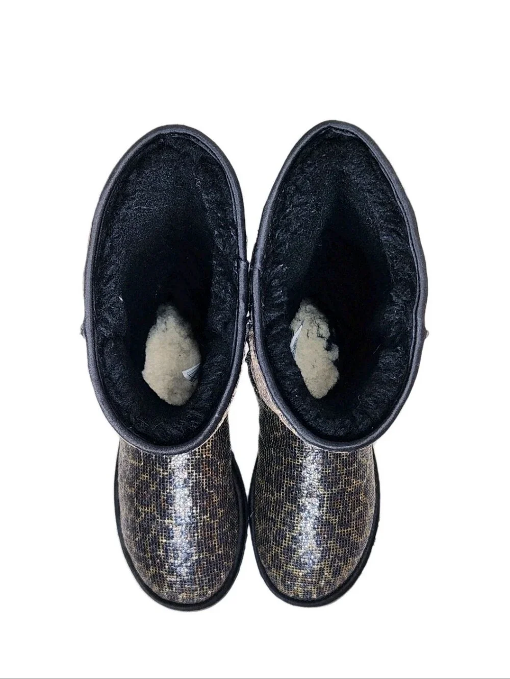 UGG Leopard Glitter Classic Tall Sz 7 Genuine Sheepskin Boots Black/Gold 1006819